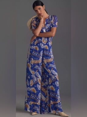 Anthropologie The Somerset Jumpsuit Chiffon Edition Blue Motif NWT Small‎